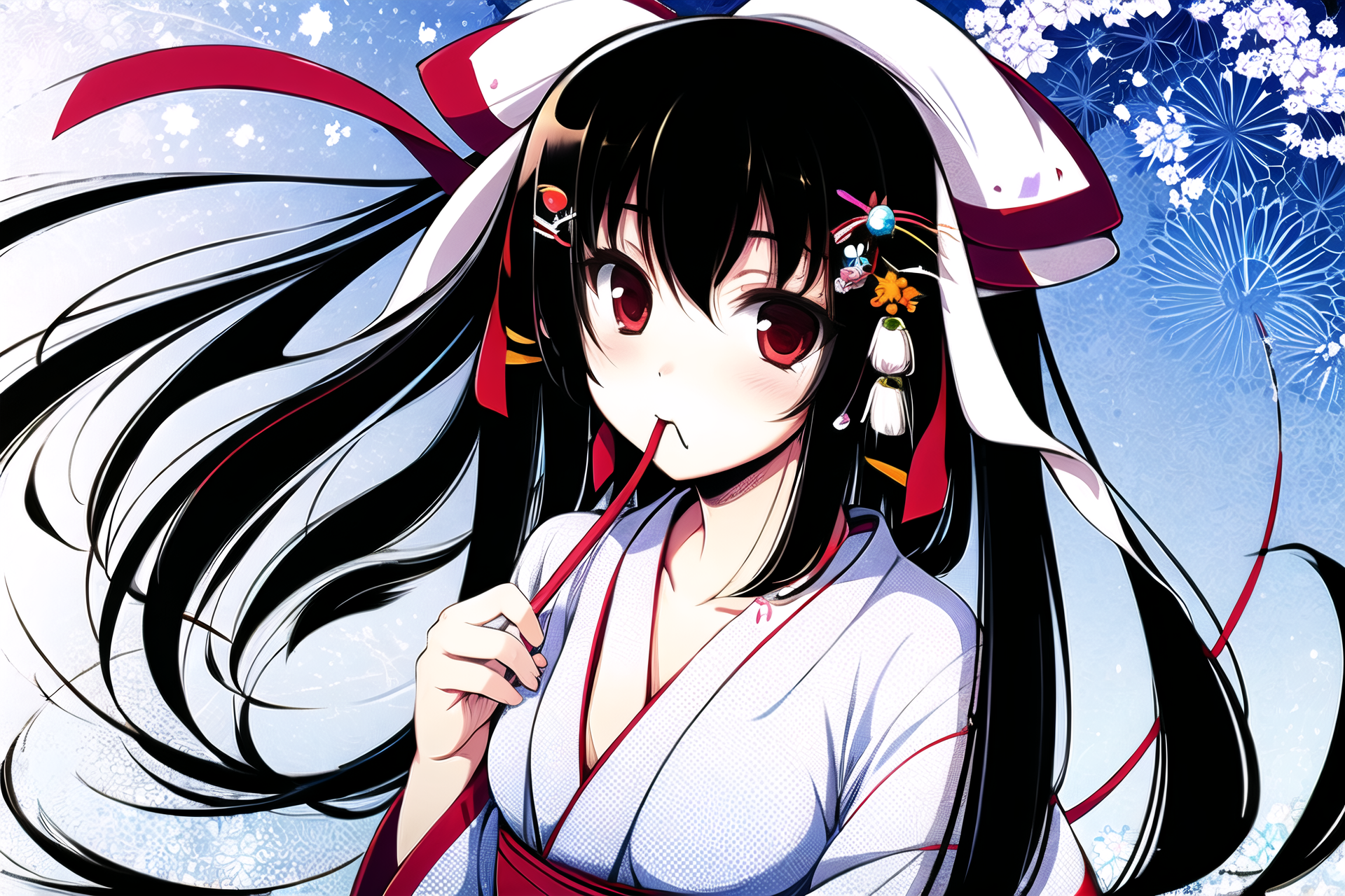 02688-3624699479-1girl, solo, red eyes, mouth hold, black hair, japanese clothes, ribbon, kimono, ribbon in mouth, string, hair ribbon, hair orna.png